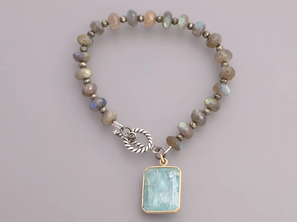 18K Yellow Gold and Sterling Silver Labradorite, Pyrite, and Aqua Charm Bracelet