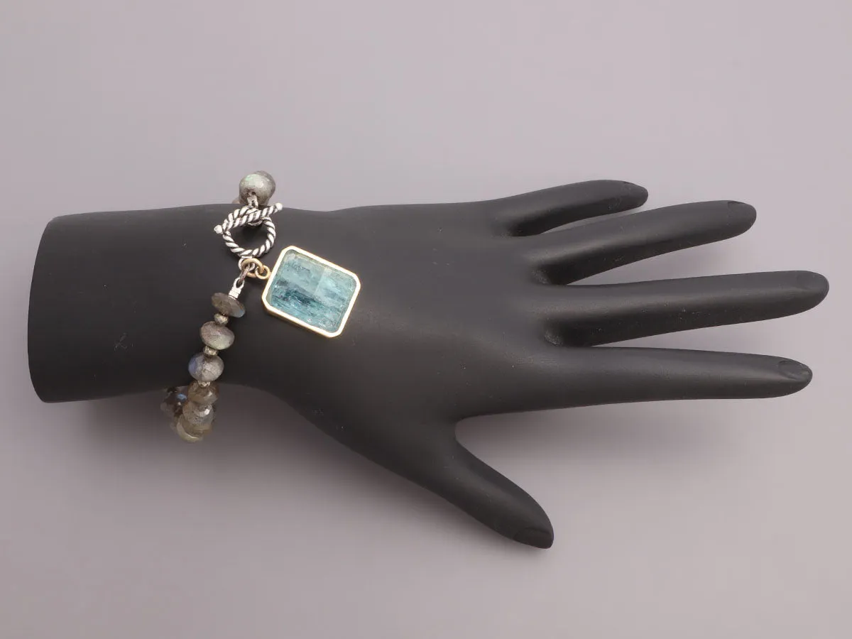 18K Yellow Gold and Sterling Silver Labradorite, Pyrite, and Aqua Charm Bracelet