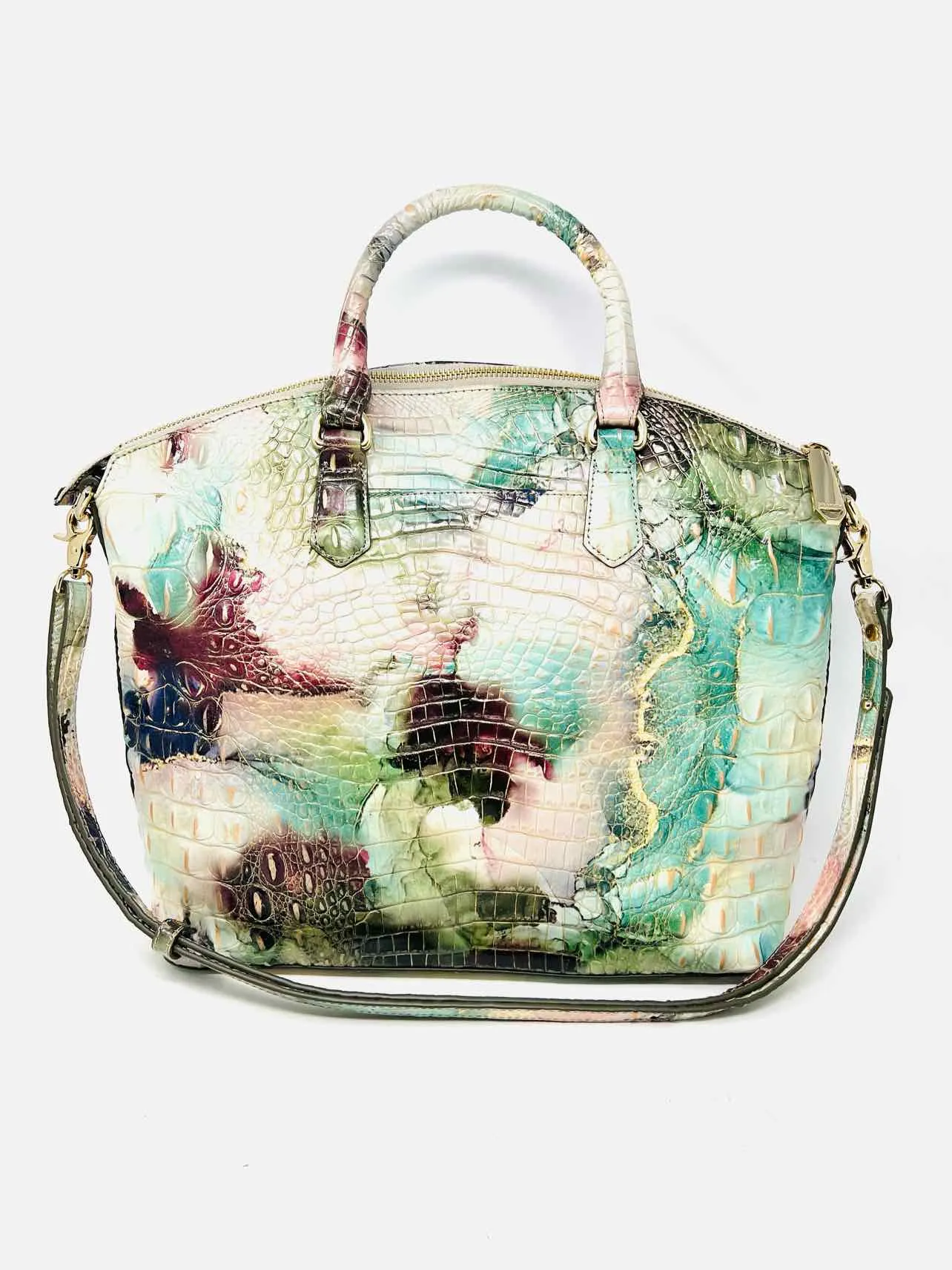 Brahmin Aqua/Purple Reptile Leather Designer Satchel