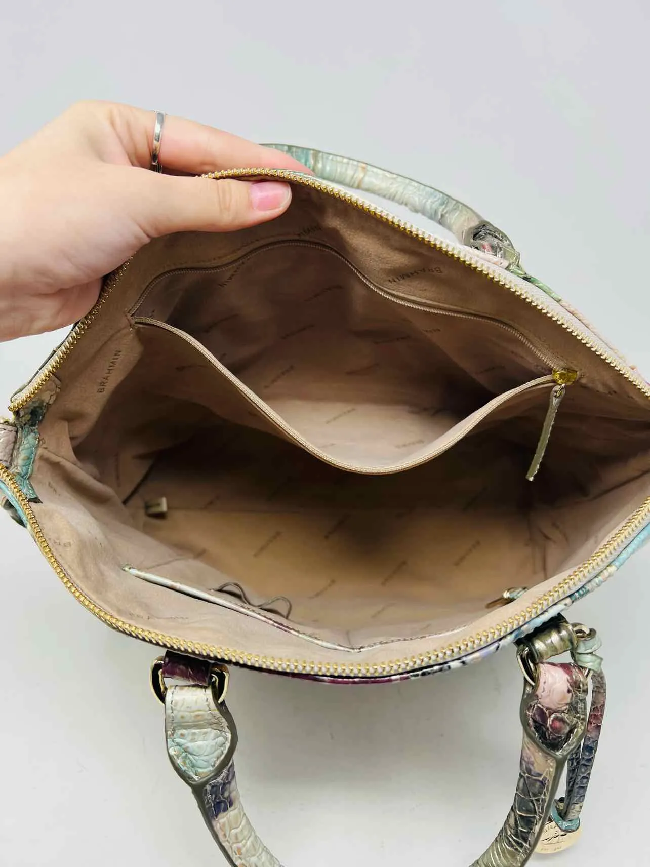 Brahmin Aqua/Purple Reptile Leather Designer Satchel