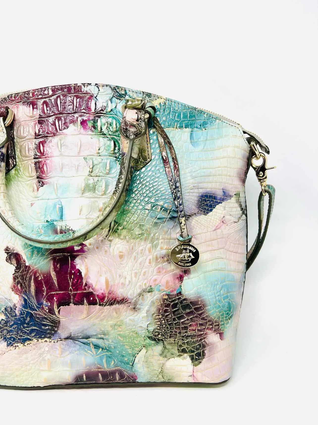 Brahmin Aqua/Purple Reptile Leather Designer Satchel