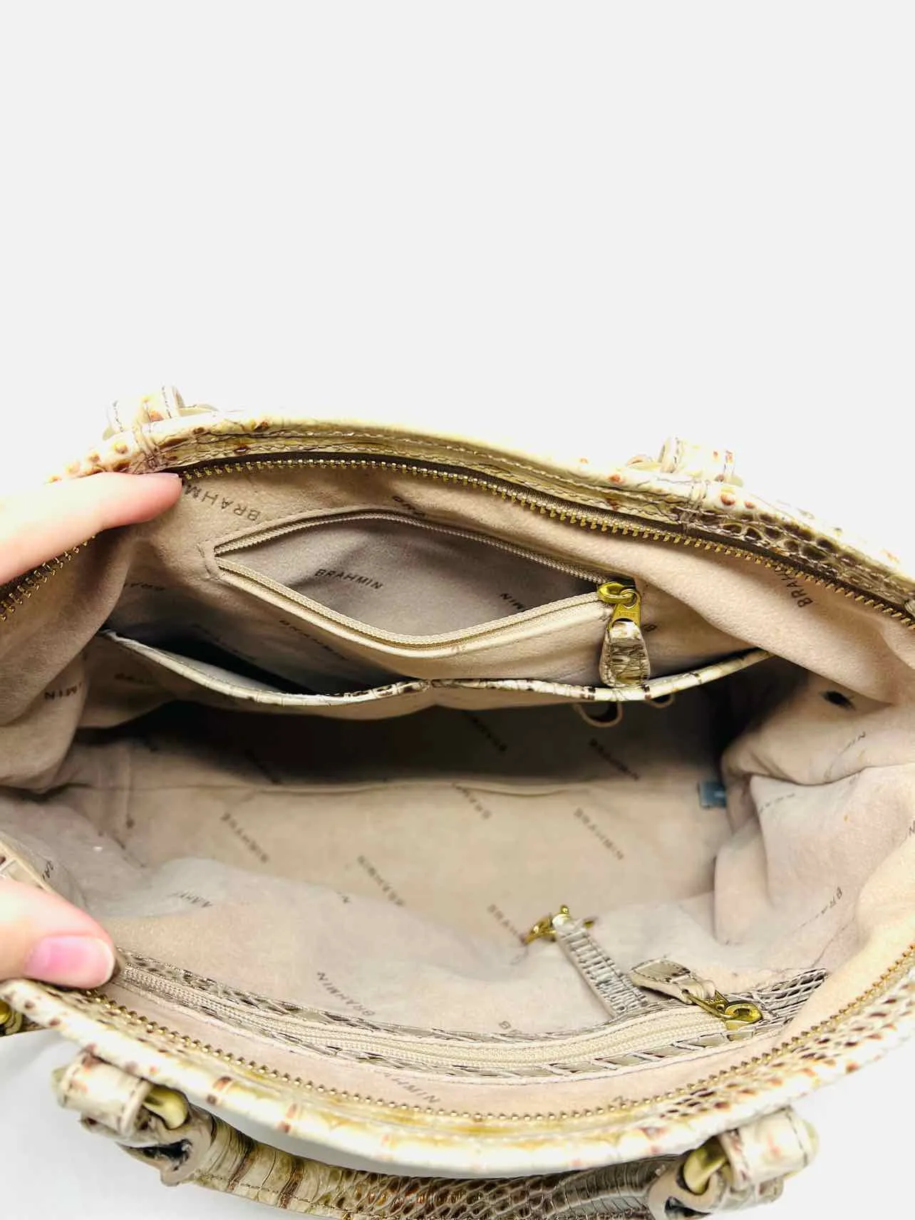 Brahmin Beige/Bronze Metallic Reptile AS IS Designer Satchel