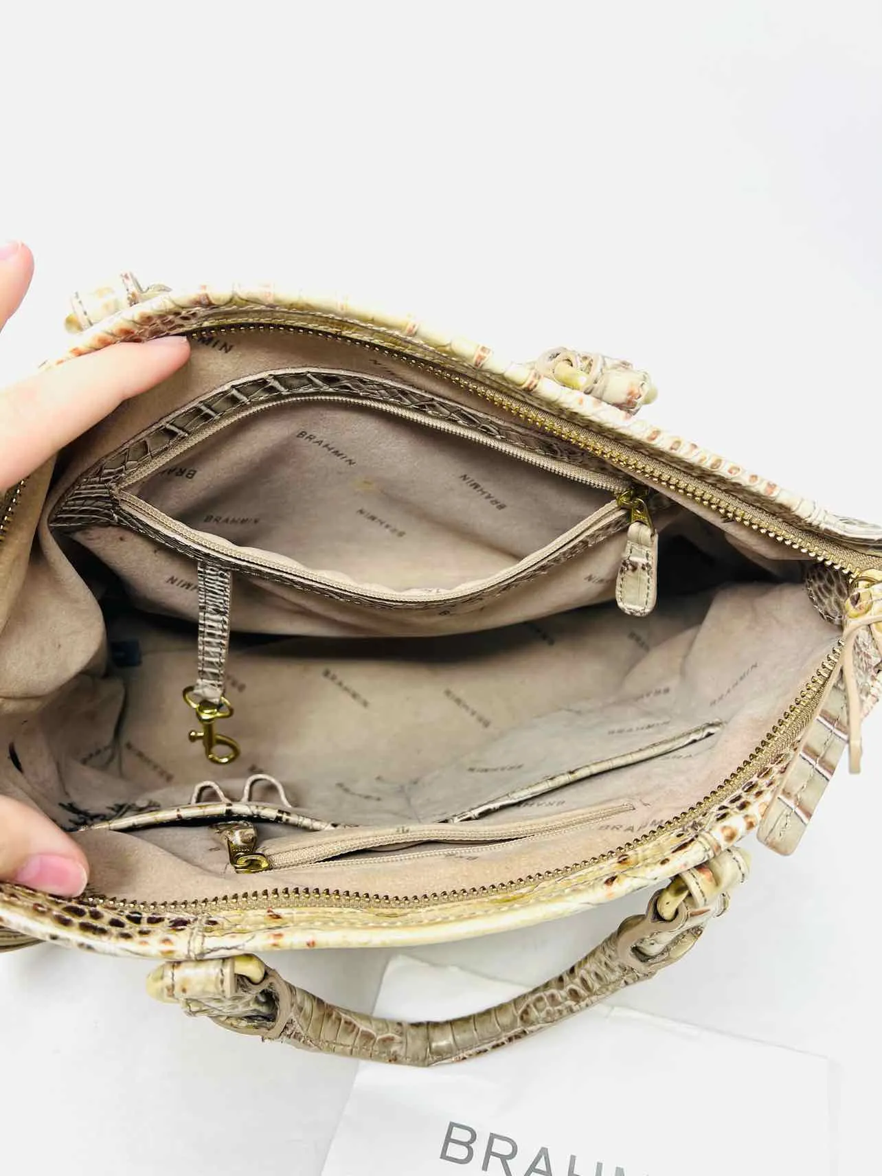 Brahmin Beige/Bronze Metallic Reptile AS IS Designer Satchel
