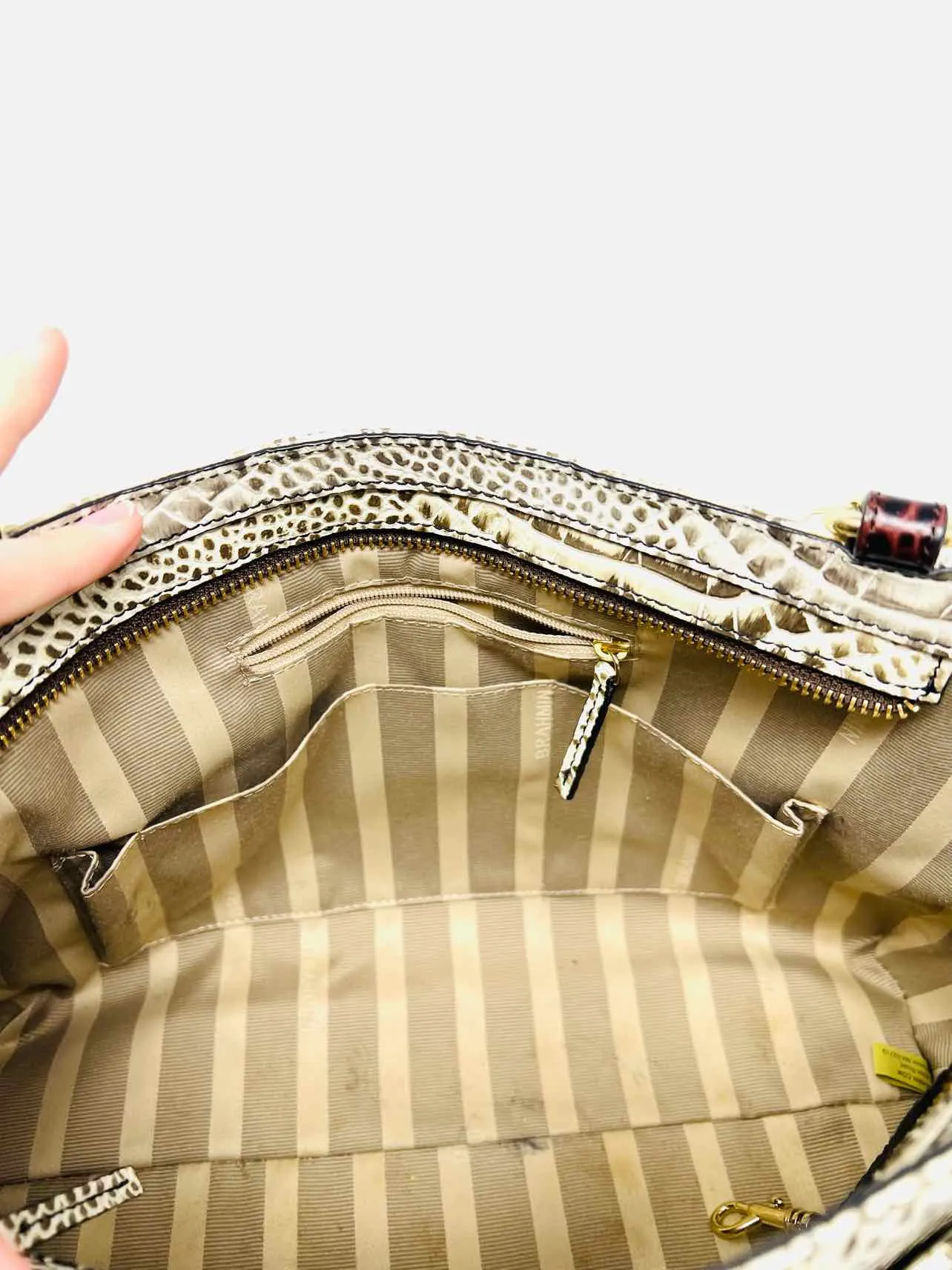 Brahmin Cream/Taupe Reptile Pleated AS IS Designer Satchel