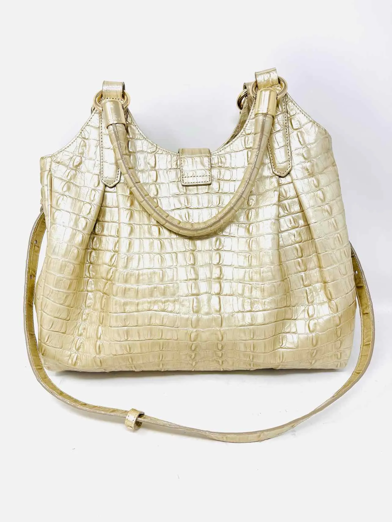 Premium Brahmin Gold Crocodile-Embossed Leather Designer Satchel Bag