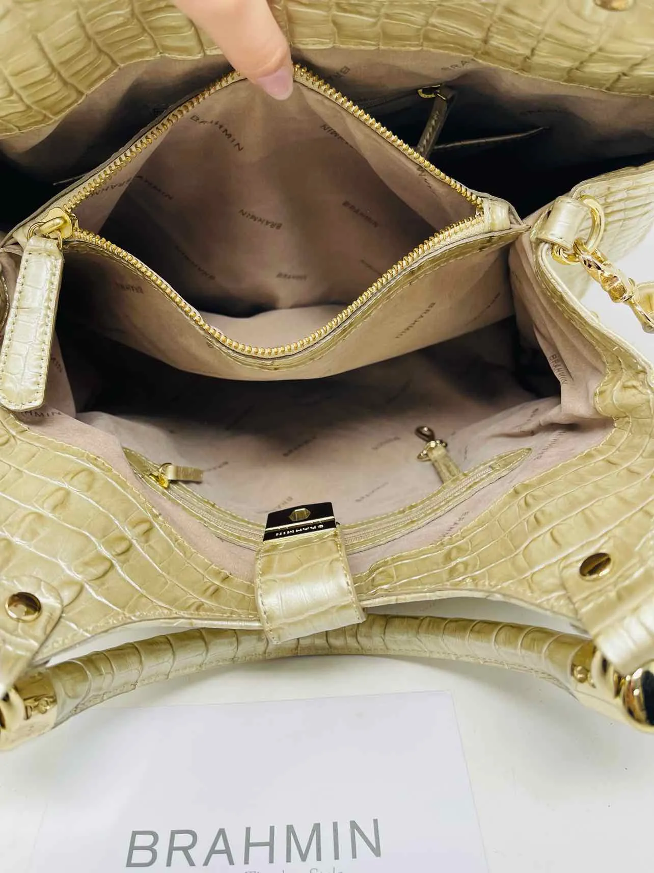 Premium Brahmin Gold Crocodile-Embossed Leather Designer Satchel Bag