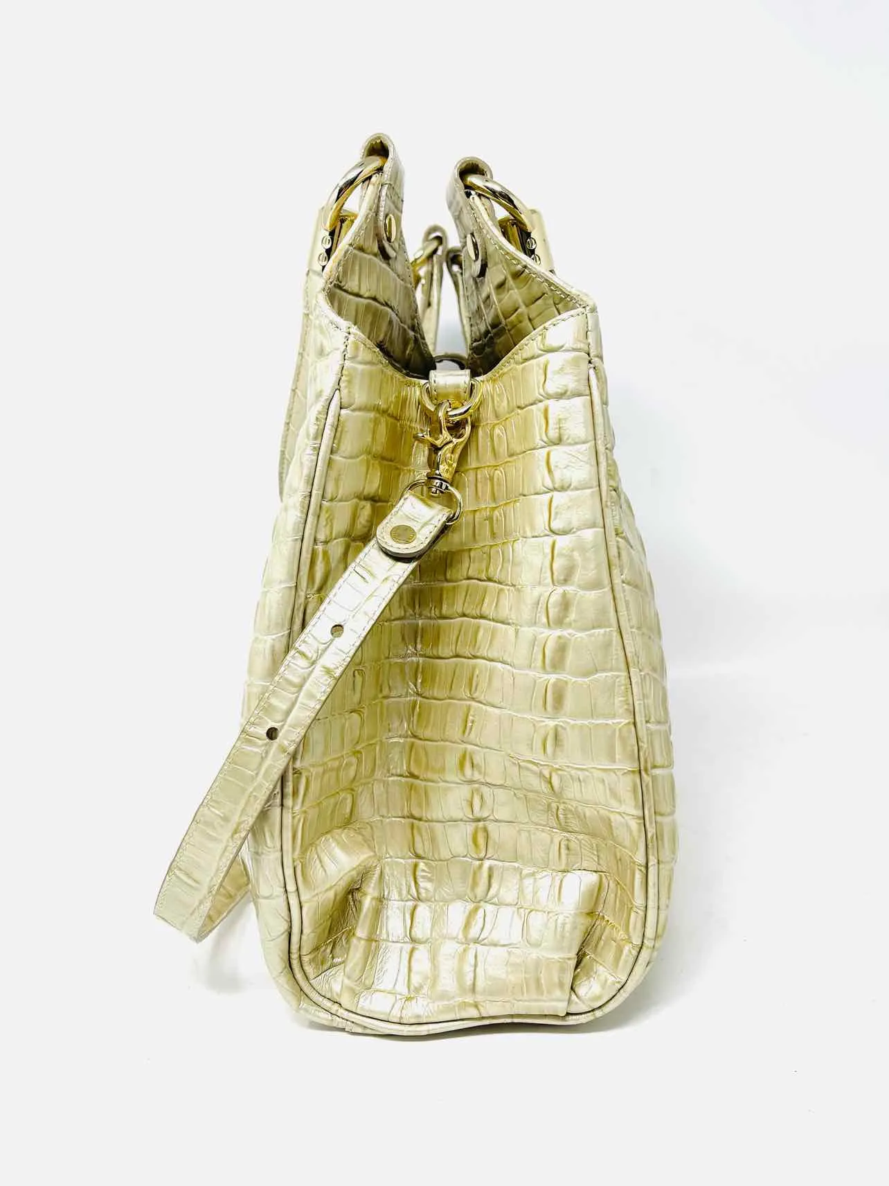 Premium Brahmin Gold Crocodile-Embossed Leather Designer Satchel Bag