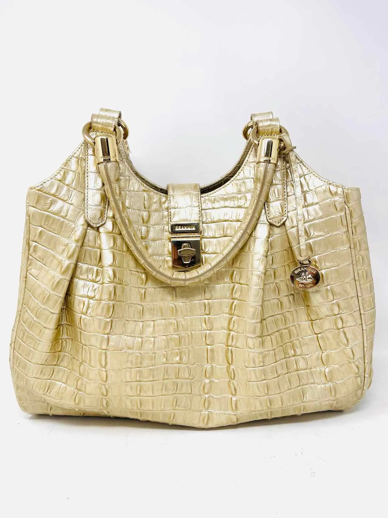 Premium Brahmin Gold Crocodile-Embossed Leather Designer Satchel Bag