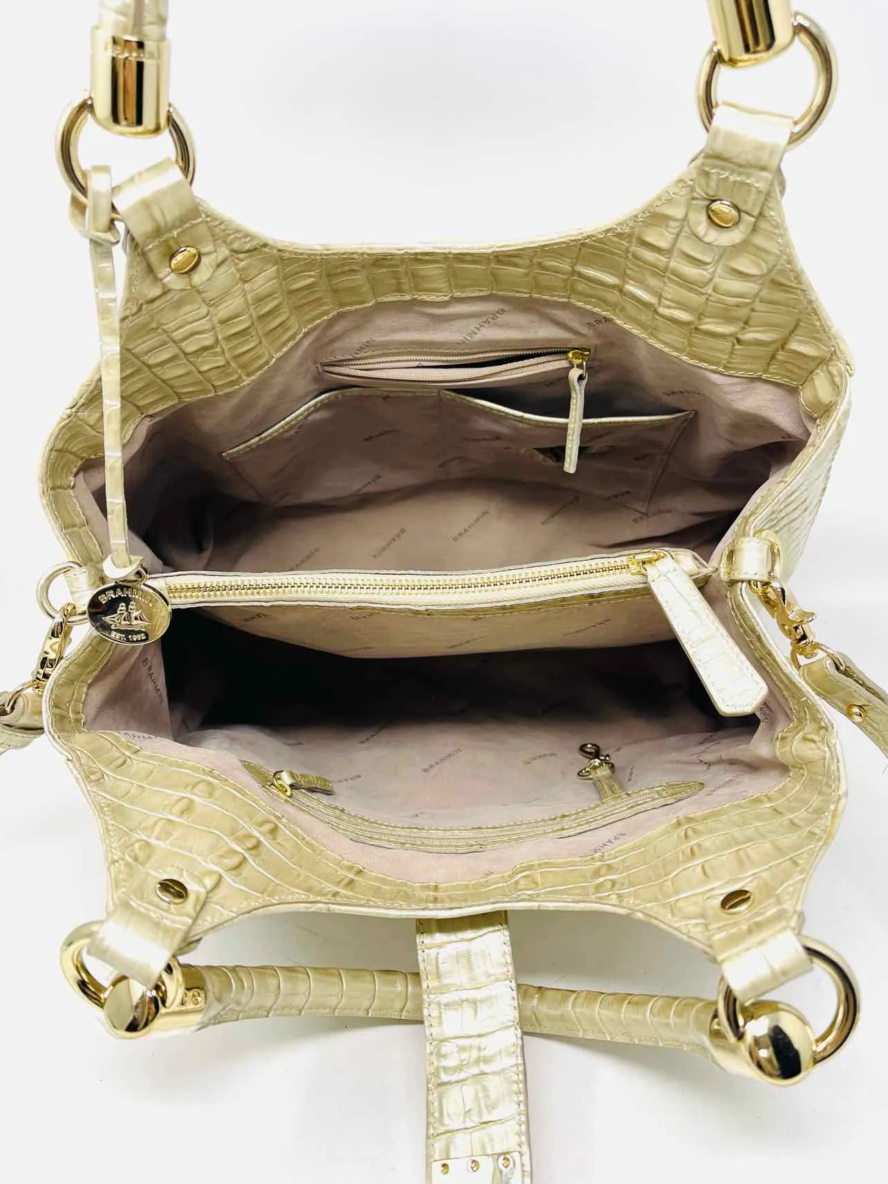 Premium Brahmin Gold Crocodile-Embossed Leather Designer Satchel Bag