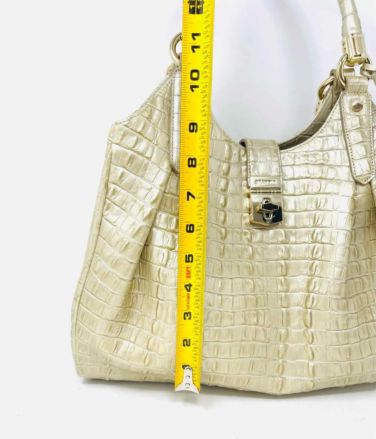 Premium Brahmin Gold Crocodile-Embossed Leather Designer Satchel Bag