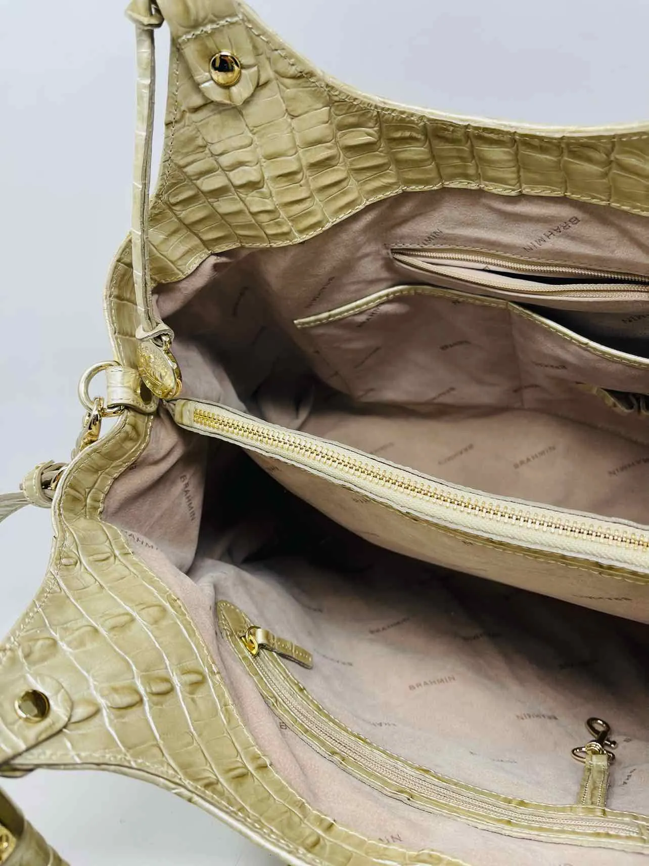 Premium Brahmin Gold Crocodile-Embossed Leather Designer Satchel Bag
