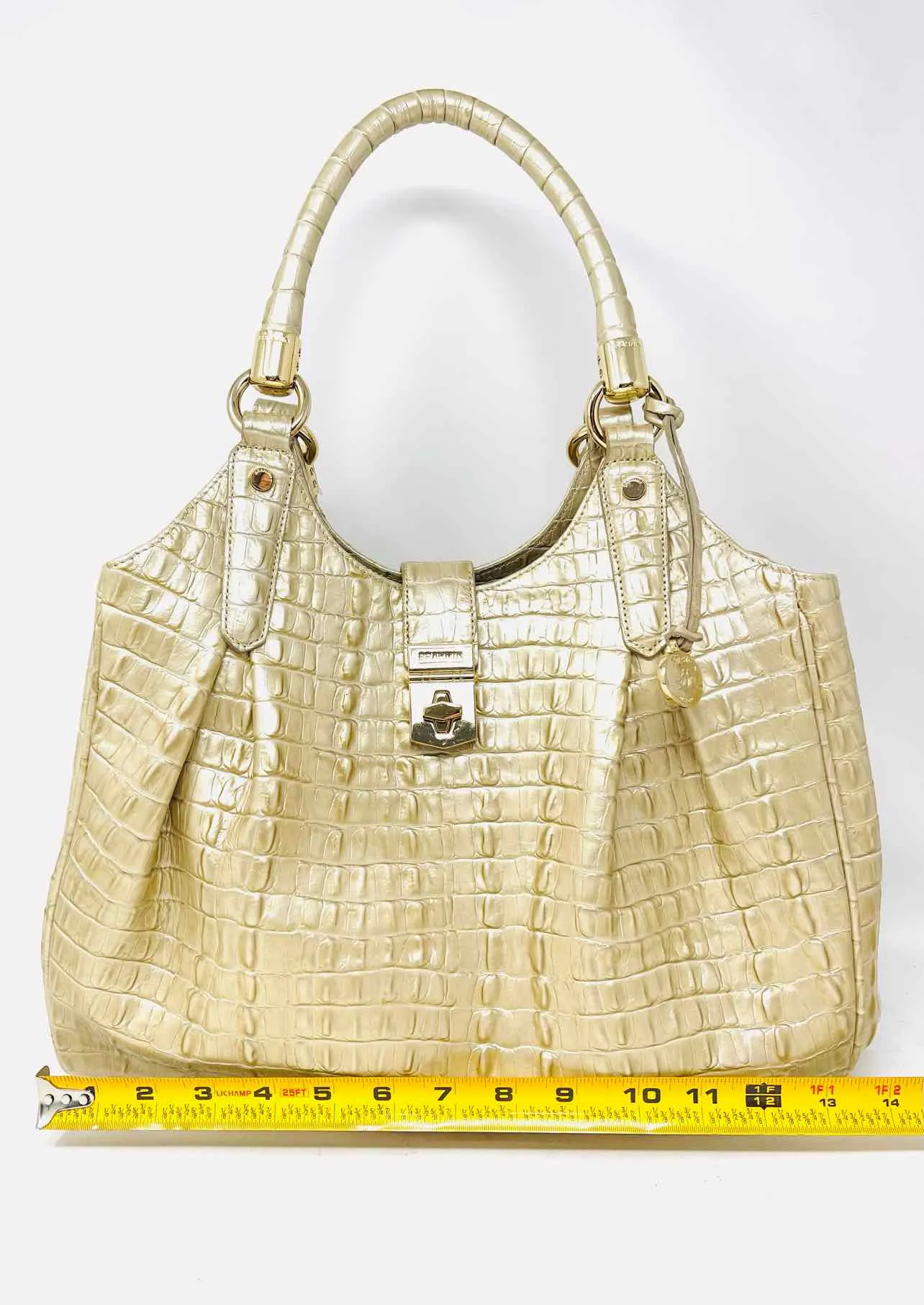 Premium Brahmin Gold Crocodile-Embossed Leather Designer Satchel Bag