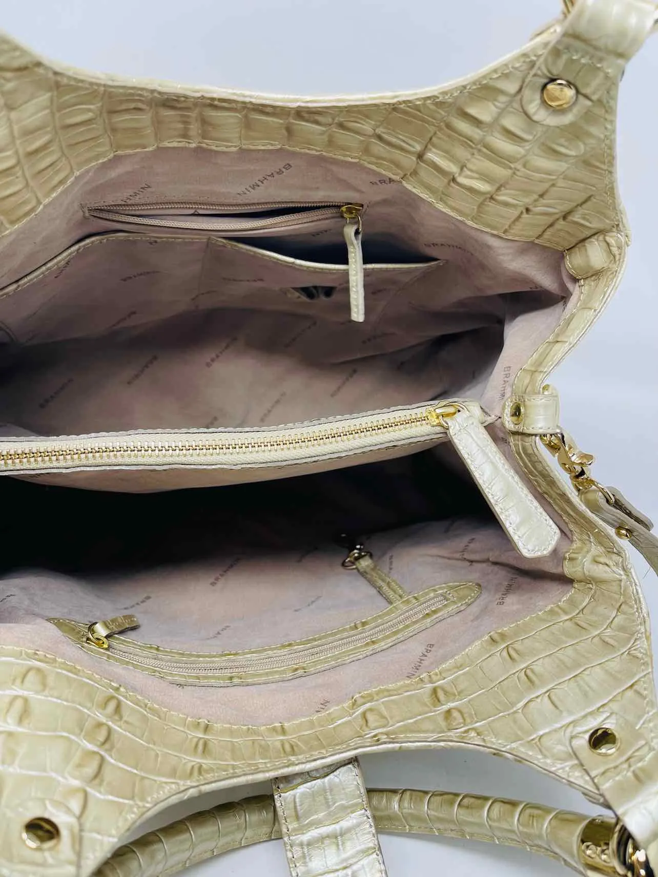 Premium Brahmin Gold Crocodile-Embossed Leather Designer Satchel Bag
