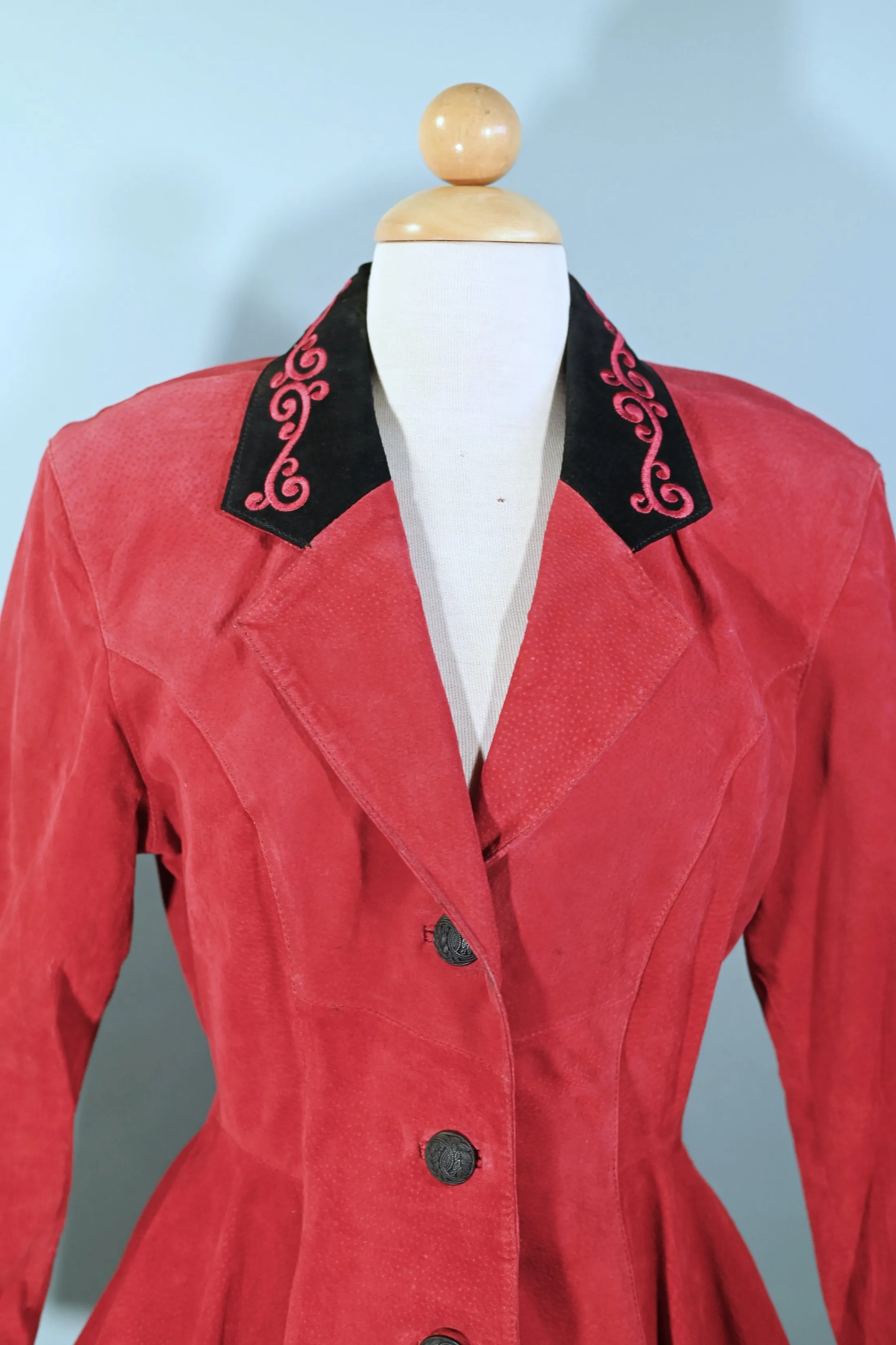 Chia Vintage 80s Does 40s Red Suede Peplum Jacket/Skirt Suit, 2 Piece Set Fits S