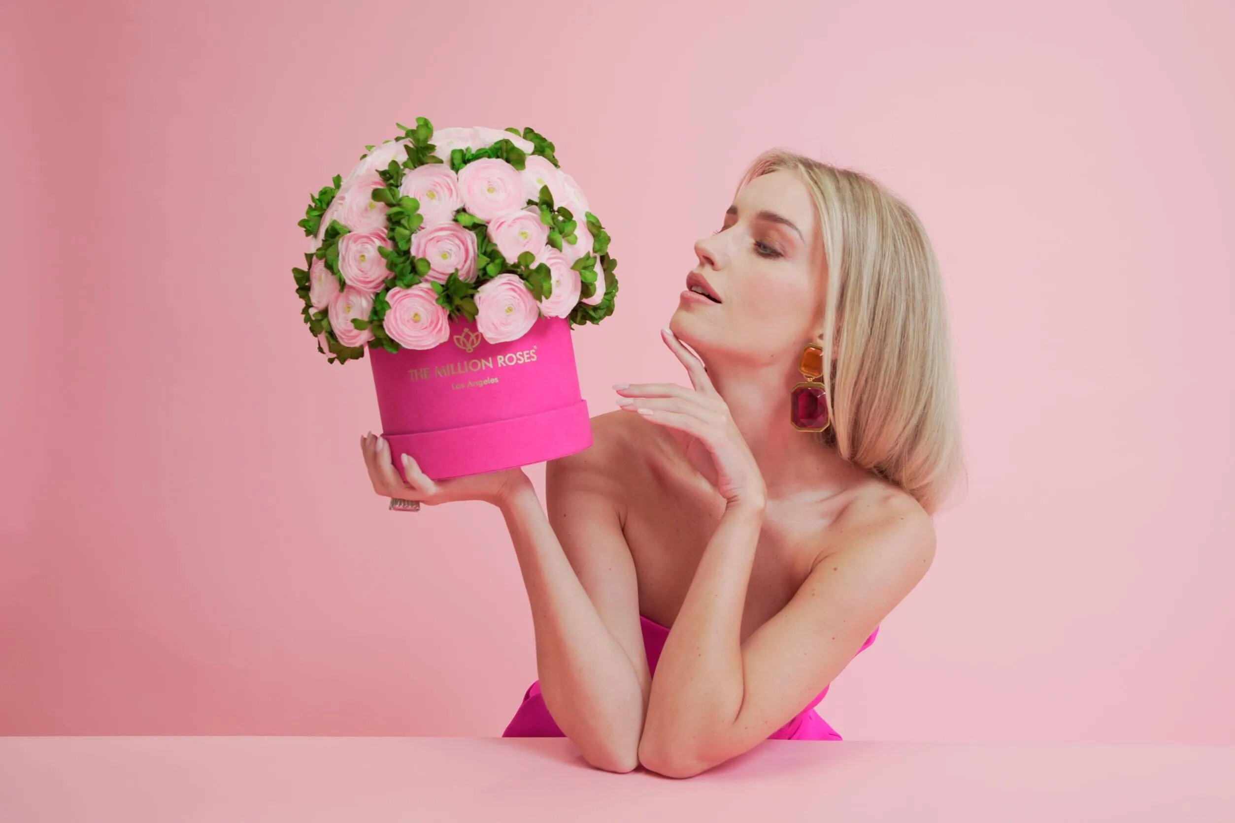 Classic Bordeaux Suede Box | Light Pink Persian Buttercups & Green Hydrangeas