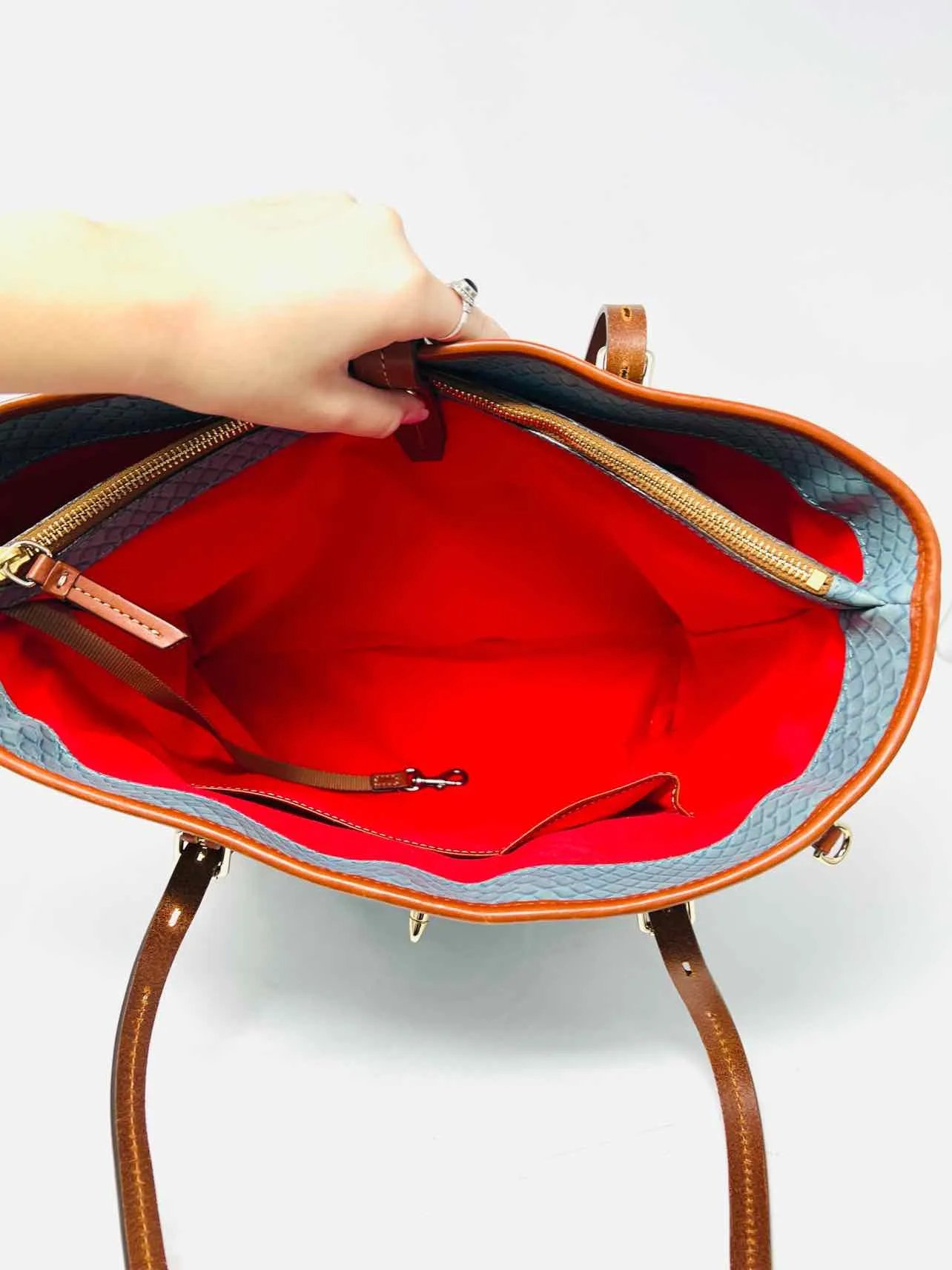 Dooney & Bourke Blue/Cognac Shoulder Bag Embossed Leather W/ BAG! Designer Tote