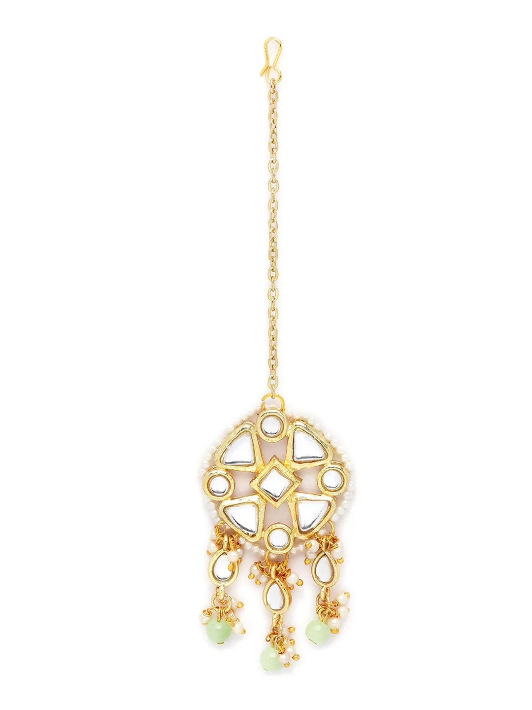 Gold-plated Light Green Beads Kundan Studded Jewellery Set