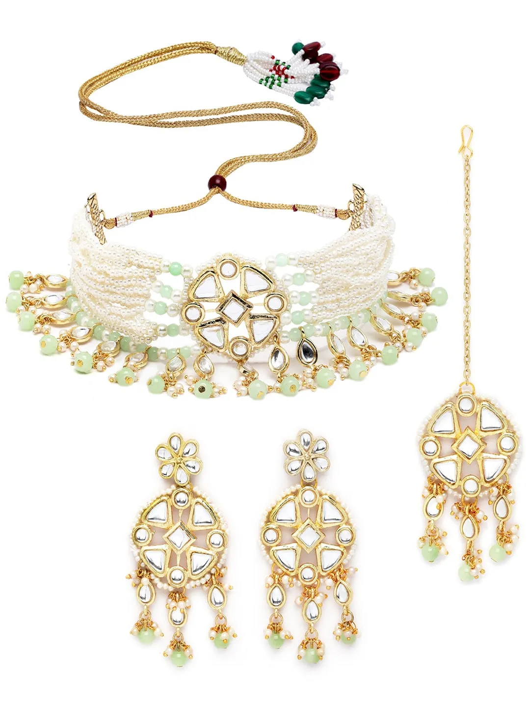 Gold-plated Light Green Beads Kundan Studded Jewellery Set