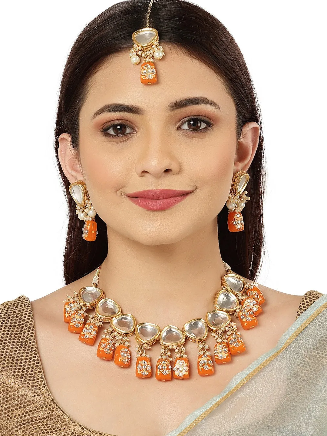 Gold-Plated Orange & White Polki Kundan-Studded & Pearl Beaded Handcrafted Jewellery Set