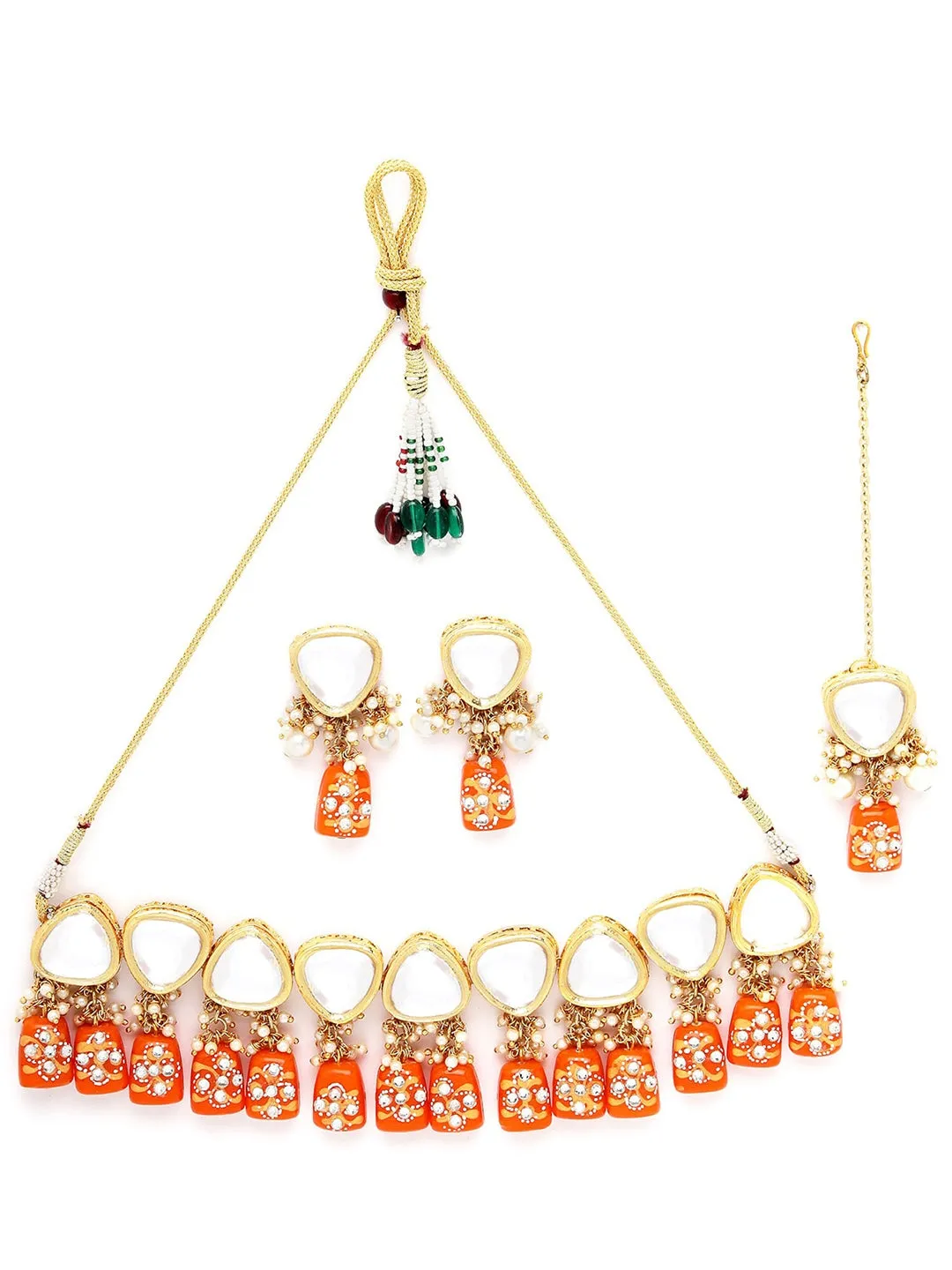 Gold-Plated Orange & White Polki Kundan-Studded & Pearl Beaded Handcrafted Jewellery Set
