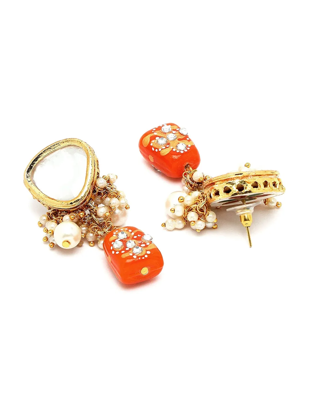 Gold-Plated Orange & White Polki Kundan-Studded & Pearl Beaded Handcrafted Jewellery Set