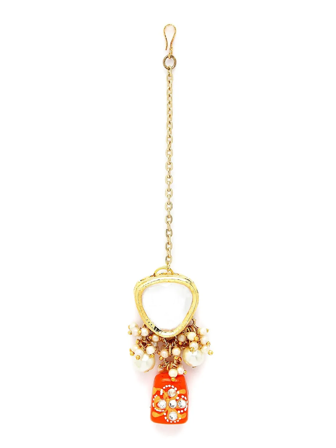 Gold-Plated Orange & White Polki Kundan-Studded & Pearl Beaded Handcrafted Jewellery Set