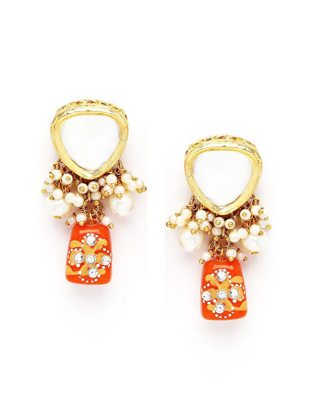 Gold-Plated Orange & White Polki Kundan-Studded & Pearl Beaded Handcrafted Jewellery Set