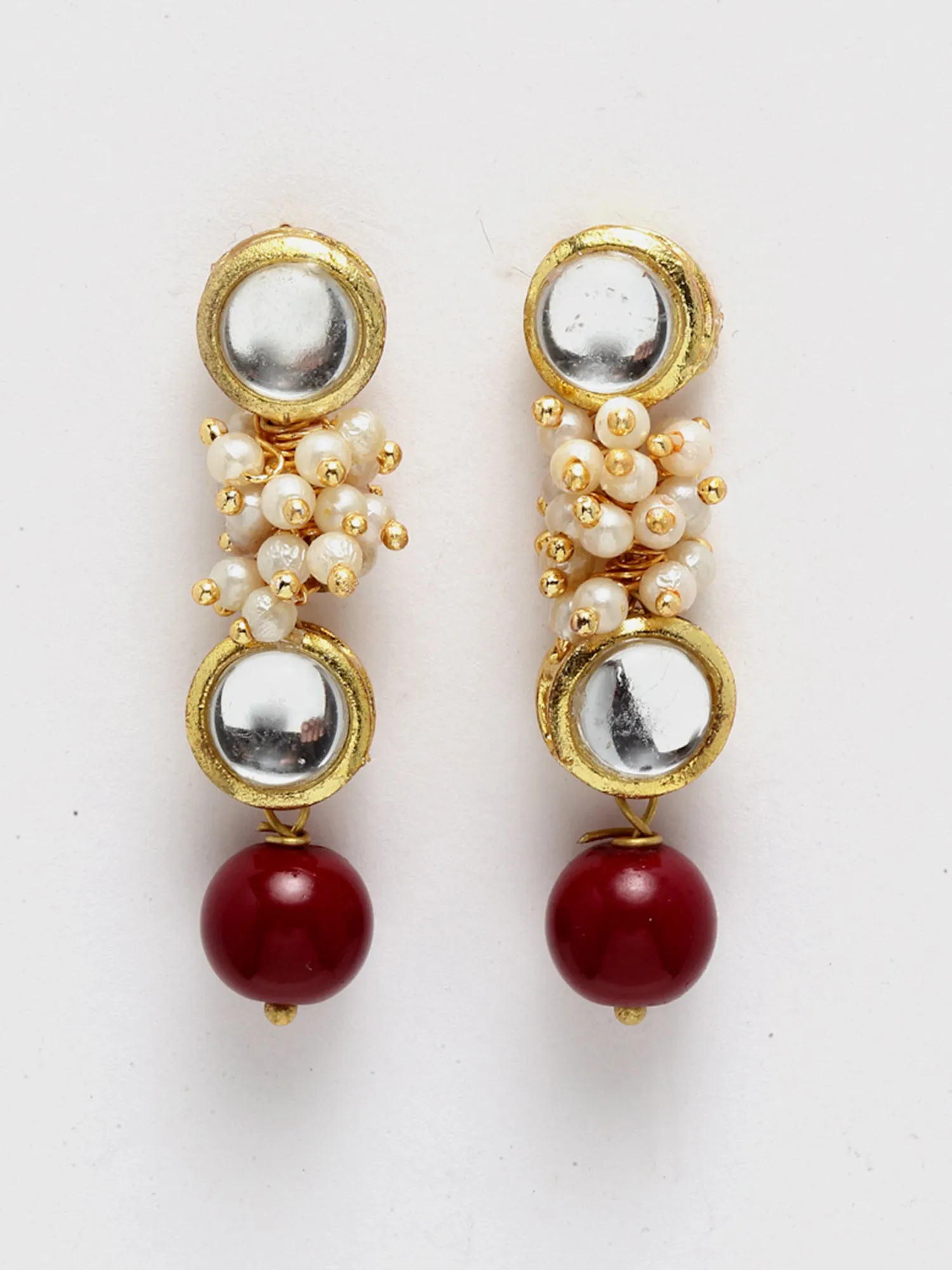 Gold-Plated Red Beads and Pearl Ball Studded Handcrafted Kundan Necklace Set