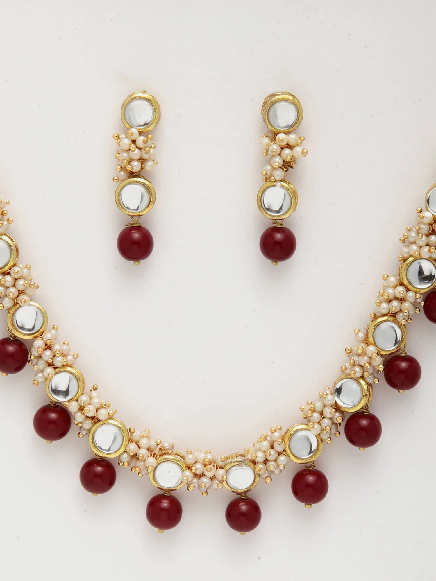 Gold-Plated Red Beads and Pearl Ball Studded Handcrafted Kundan Necklace Set