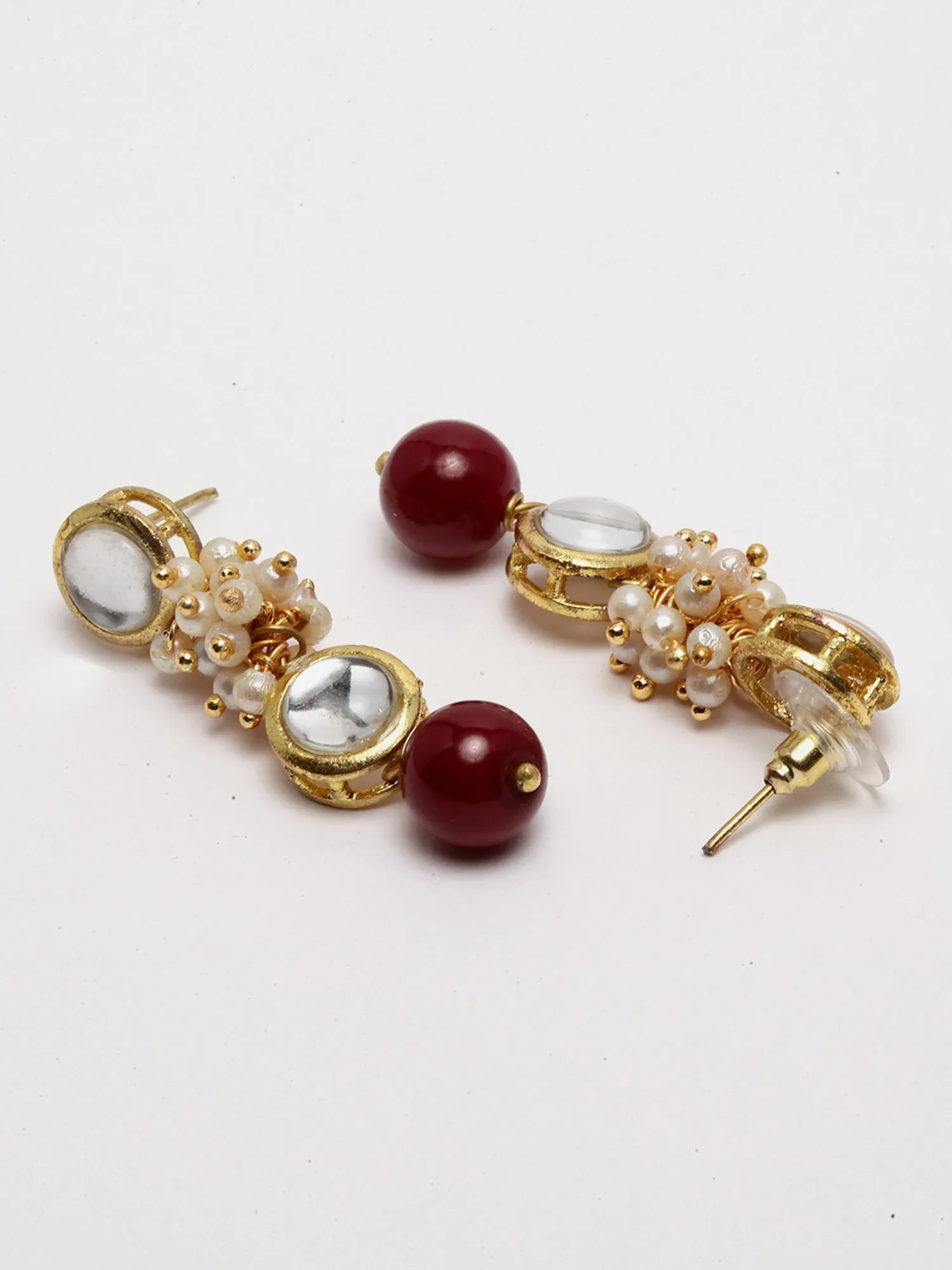 Gold-Plated Red Beads and Pearl Ball Studded Handcrafted Kundan Necklace Set
