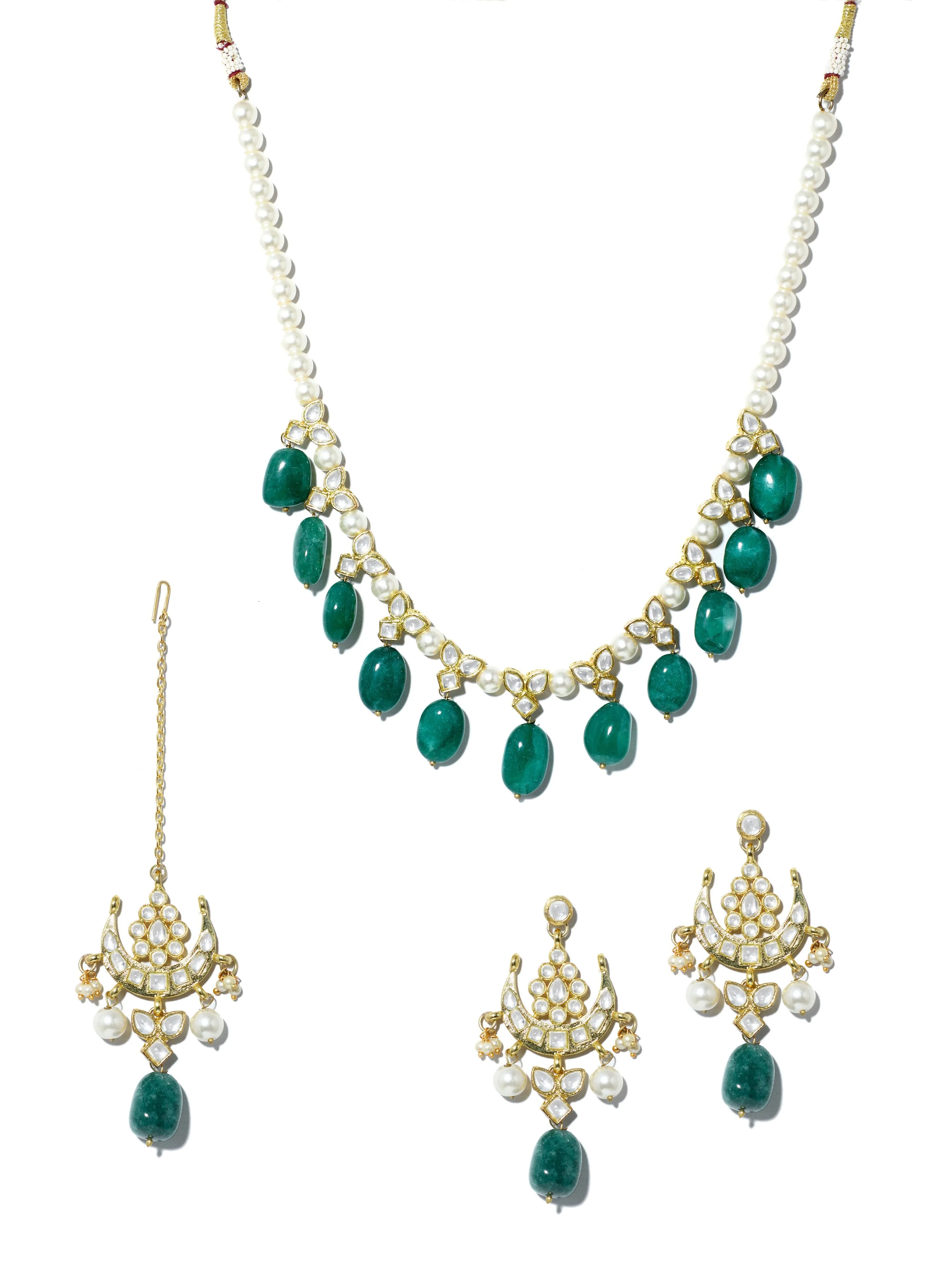 Green Stones and White Pearl Kundan Necklace Set
