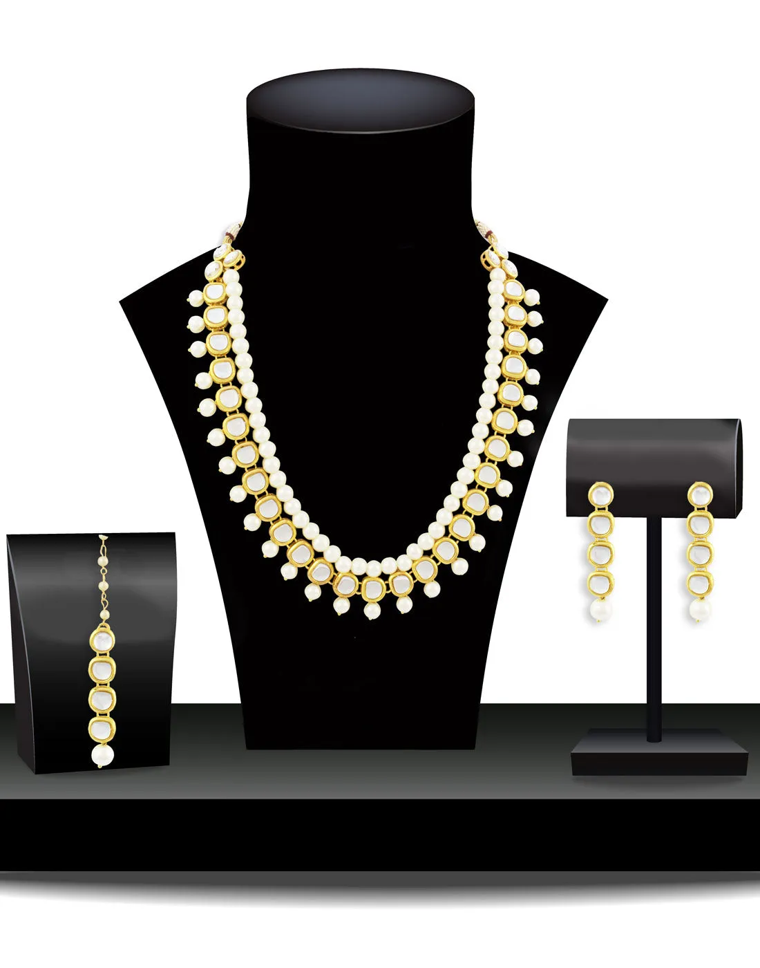 Karatcart 22K GoldPlated Kundan Layered Ethnic White Pearl Drop Rani Haar Necklace Set