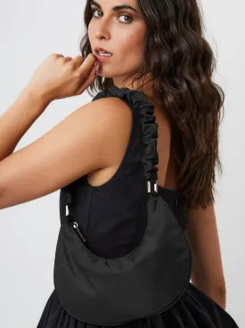 Nylon Ruched Shoulder Bag in Black