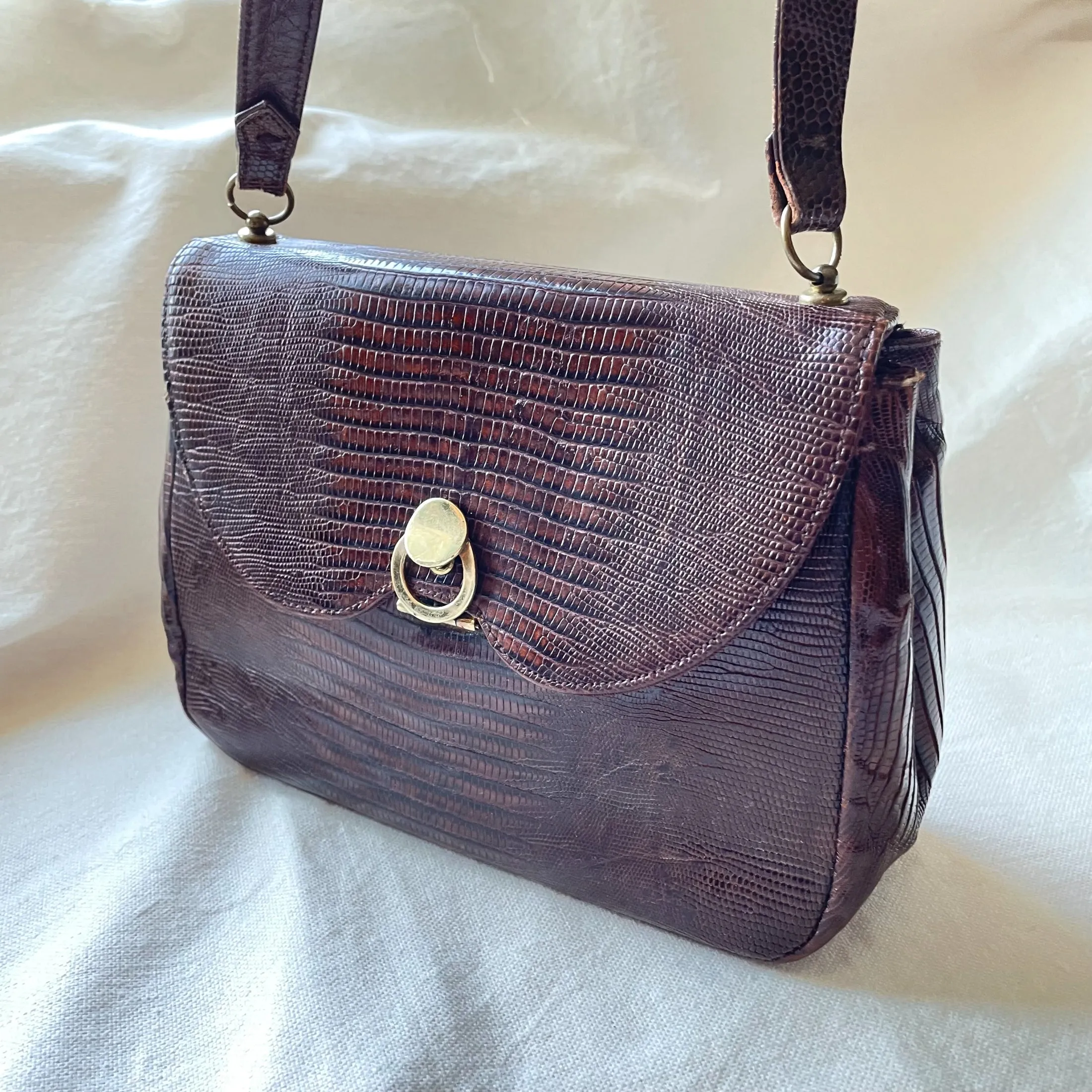 Vintage 40s/50s Small Brown Lizard Handbag, Brass Fittings