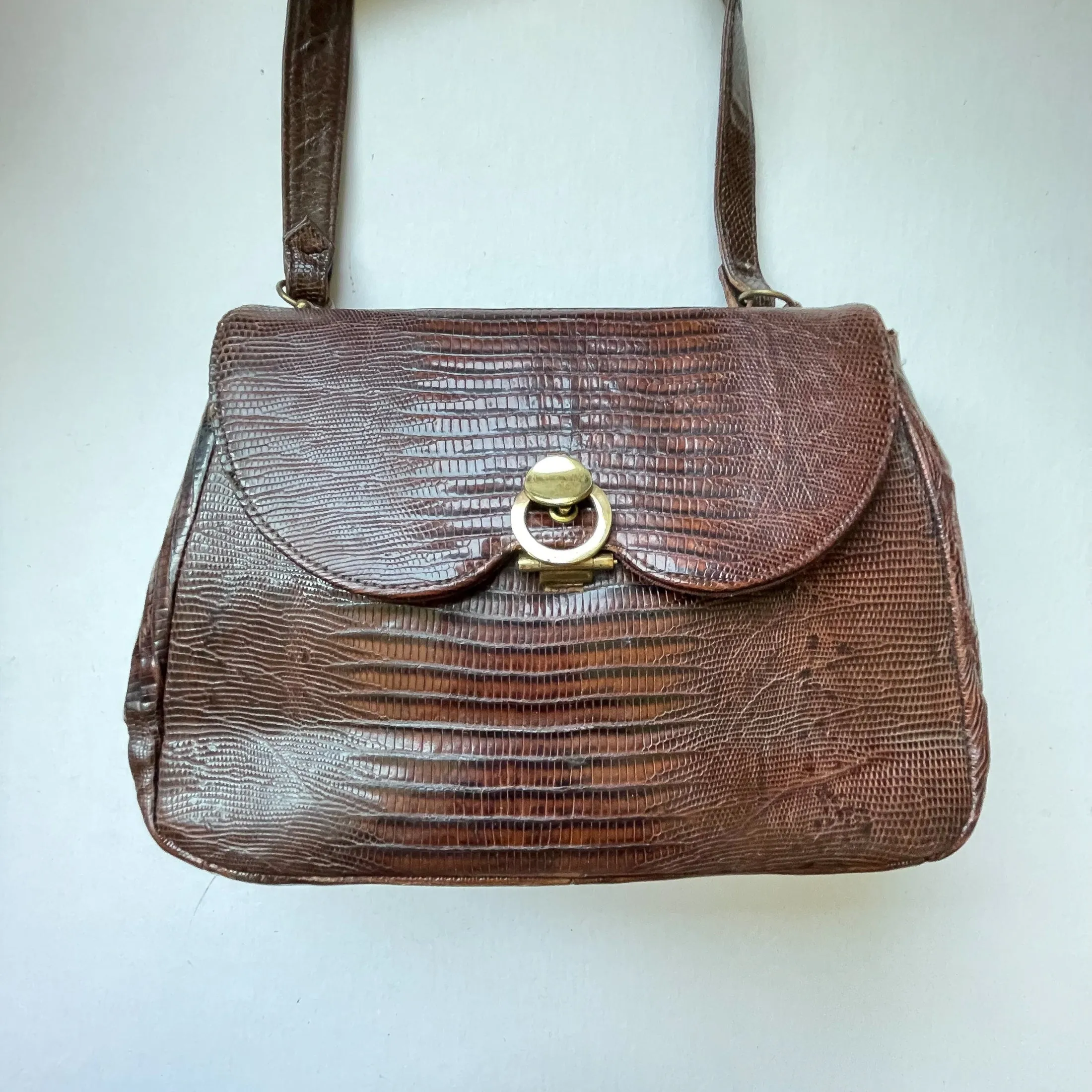 Vintage 40s/50s Small Brown Lizard Handbag, Brass Fittings