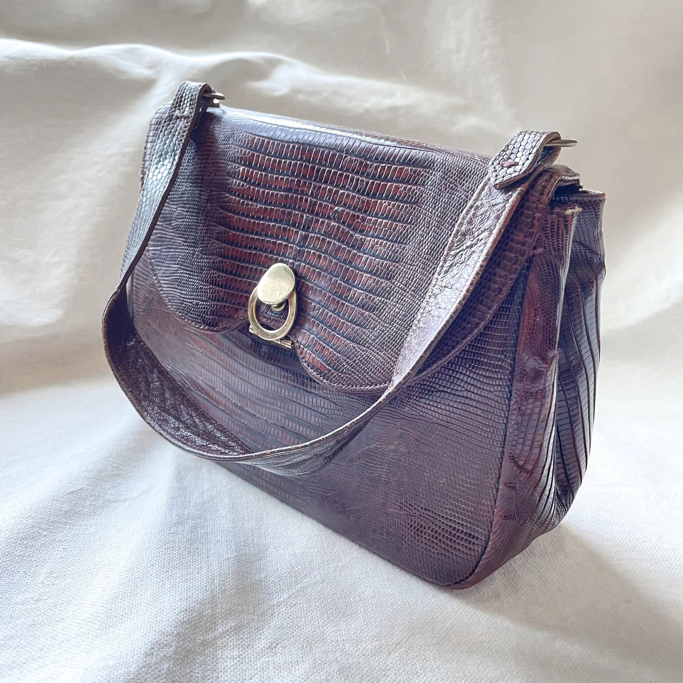 Vintage 40s/50s Small Brown Lizard Handbag, Brass Fittings