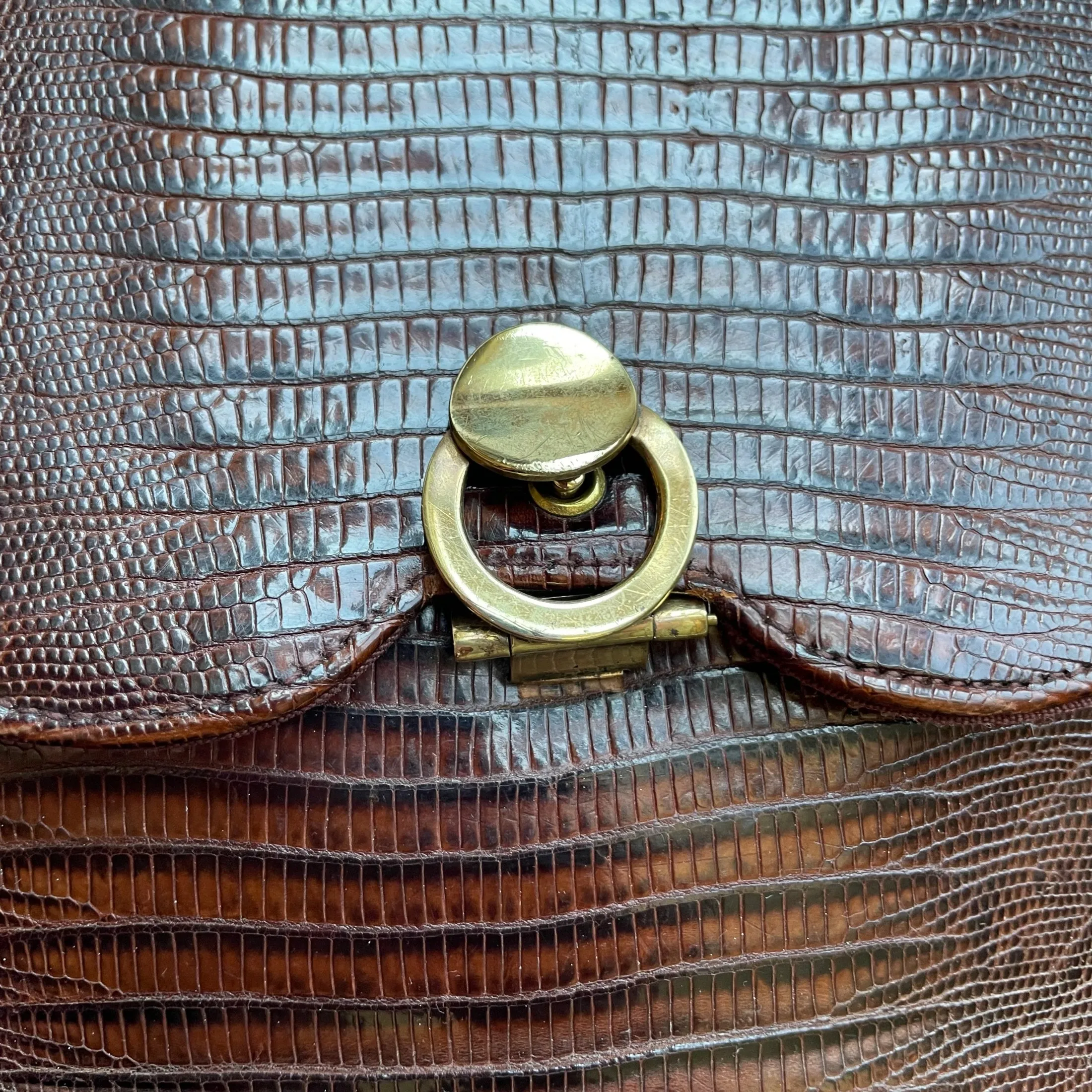 Vintage 40s/50s Small Brown Lizard Handbag, Brass Fittings
