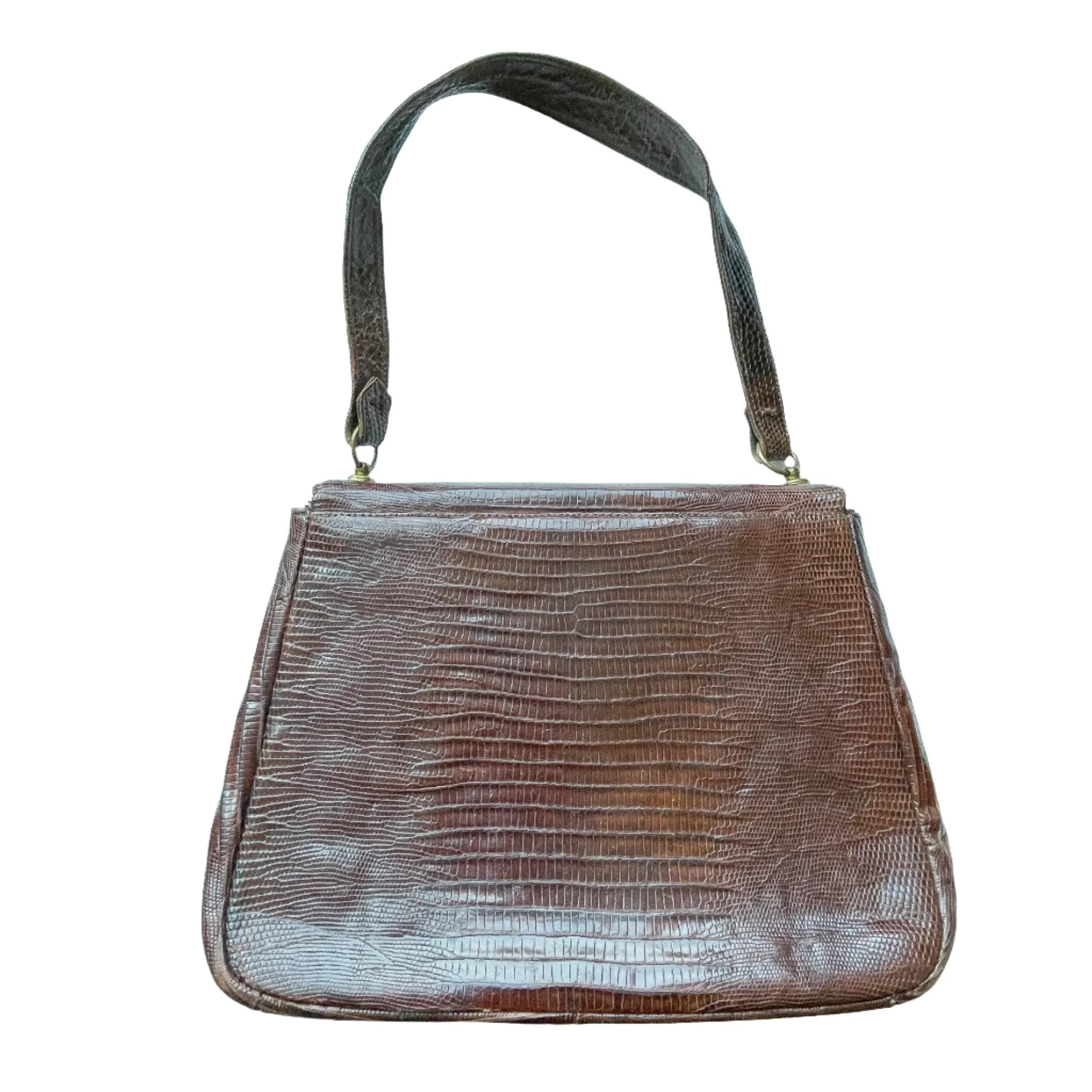 Vintage 40s/50s Small Brown Lizard Handbag, Brass Fittings