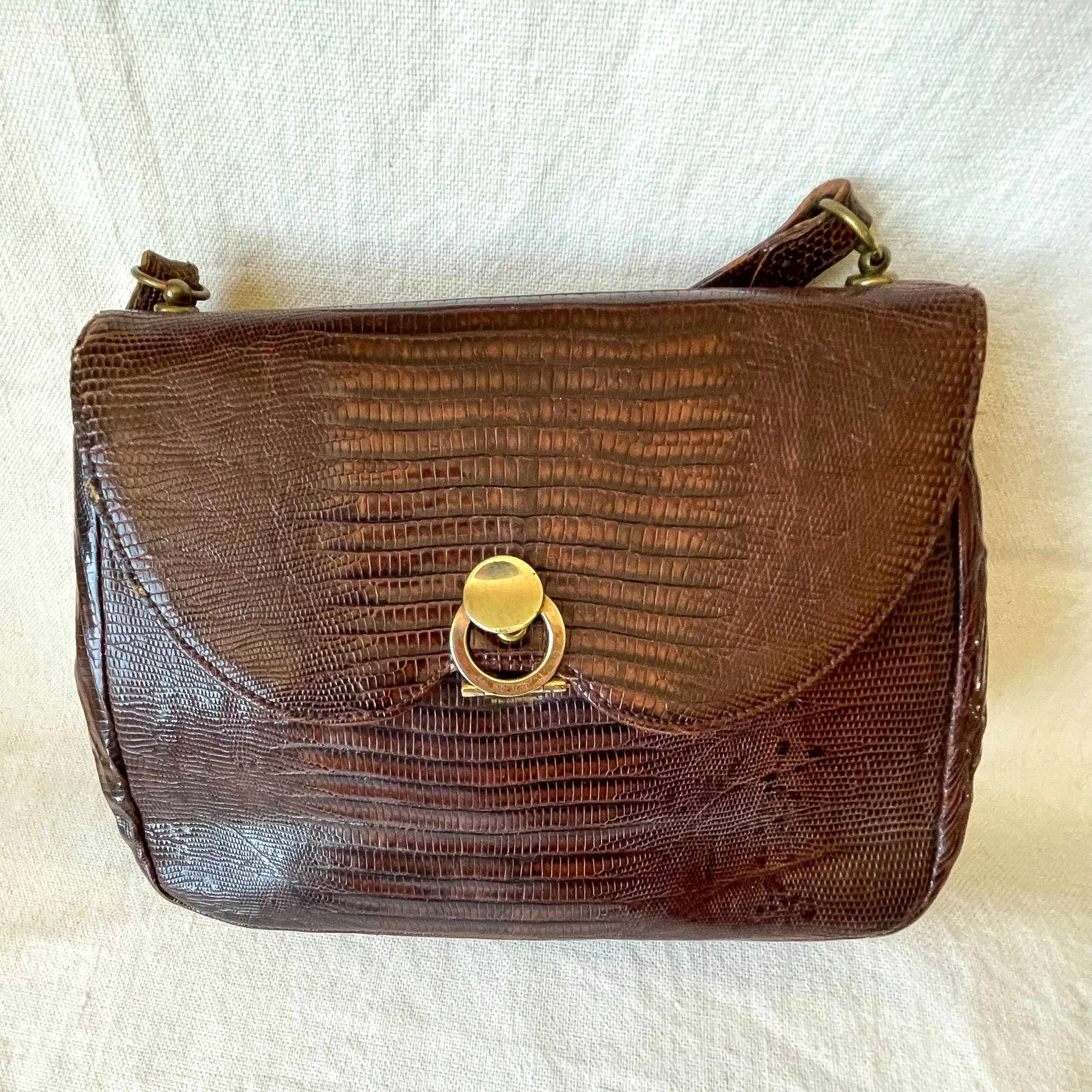Vintage 40s/50s Small Brown Lizard Handbag, Brass Fittings