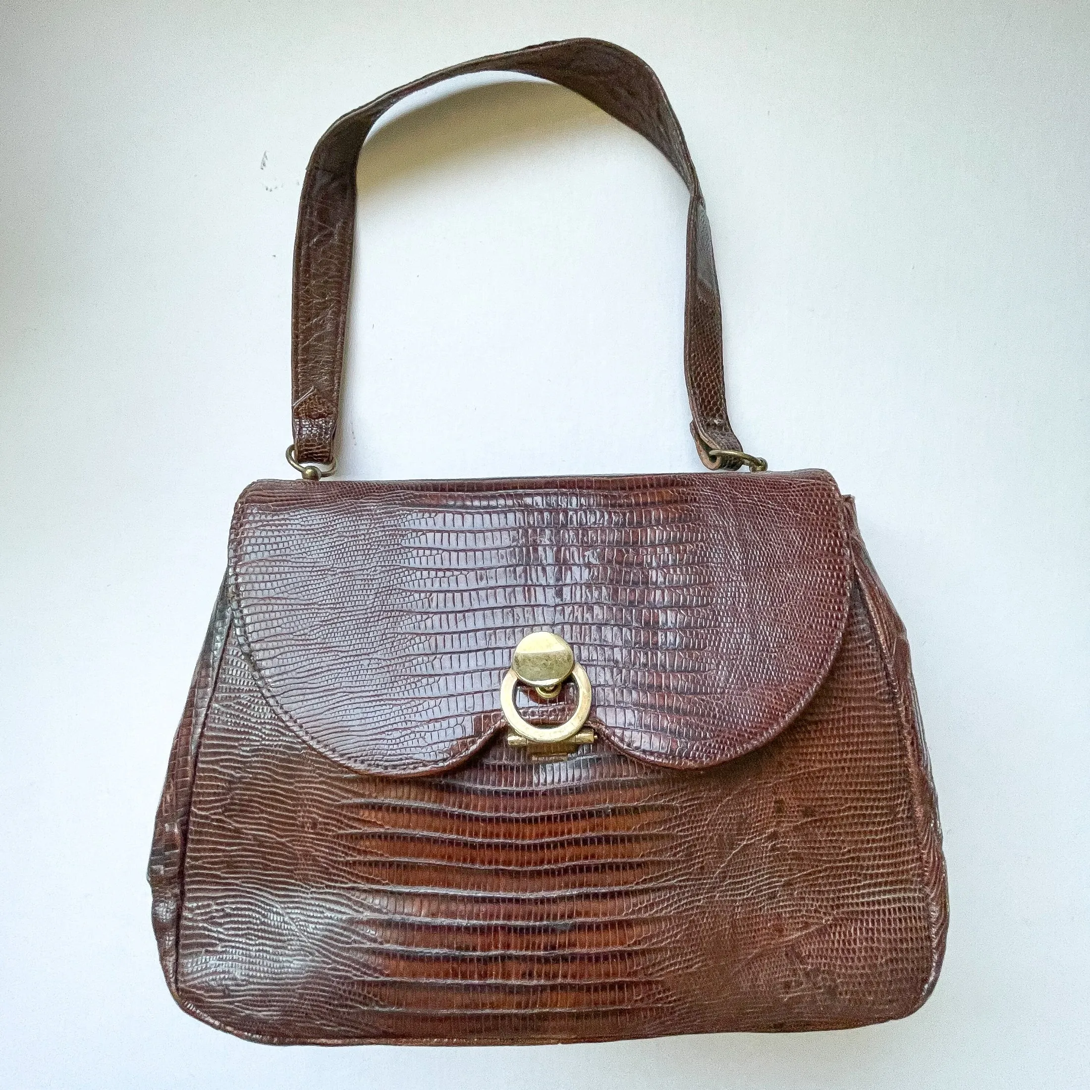Vintage 40s/50s Small Brown Lizard Handbag, Brass Fittings