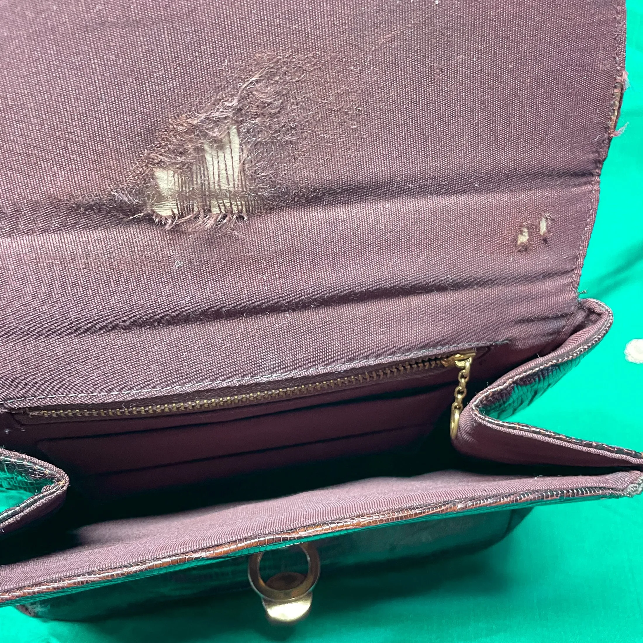 Vintage 40s/50s Small Brown Lizard Handbag, Brass Fittings