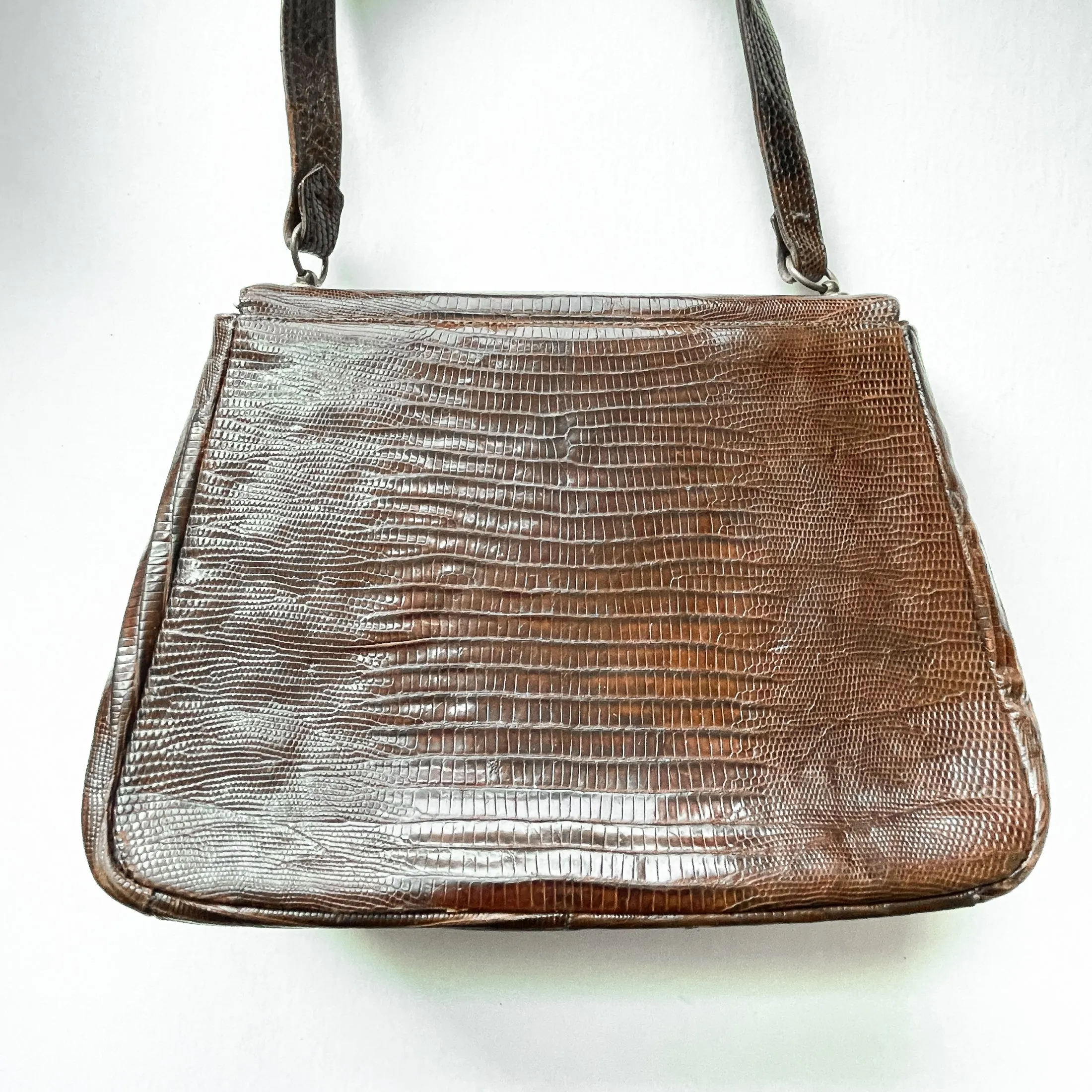 Vintage 40s/50s Small Brown Lizard Handbag, Brass Fittings
